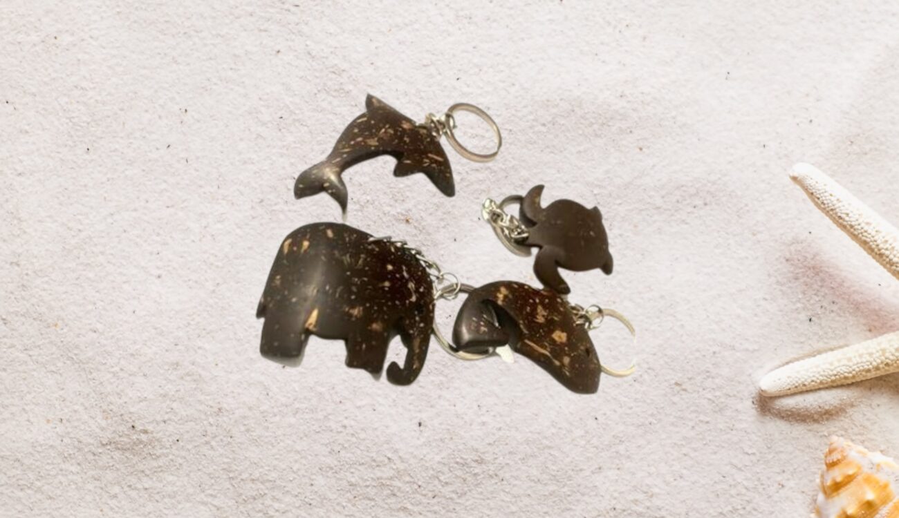 Handmade coconut shell keychains from Sri Lanka, showcasing unique designs and promoting sustainability through eco-friendly materials.
