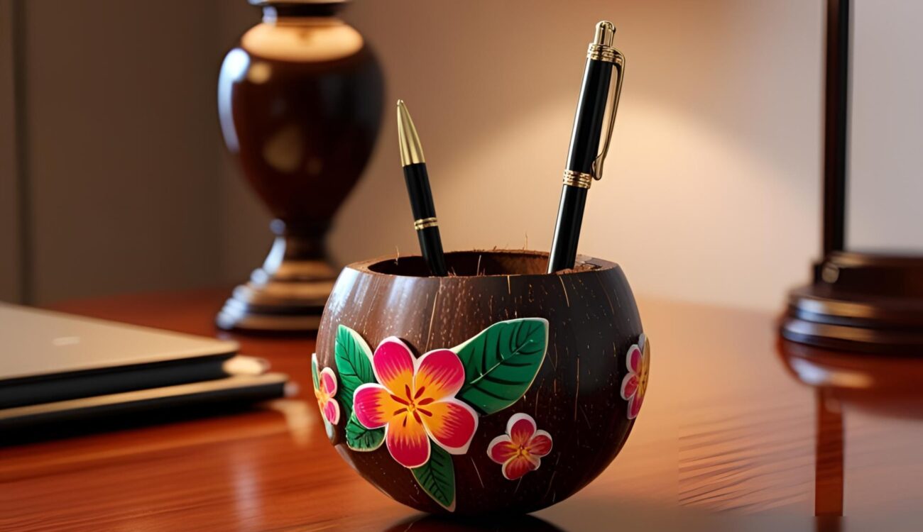 Handcrafted coconut shell pen holders from Sri Lanka, showcasing unique designs and promoting eco-friendly office decor.