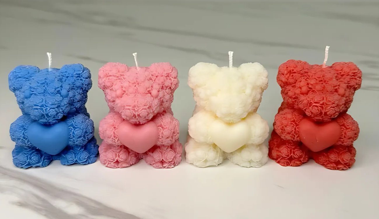 Unique teddy bear-shaped candles infused with rose scent, perfect for romantic gifts and home decor, available online.