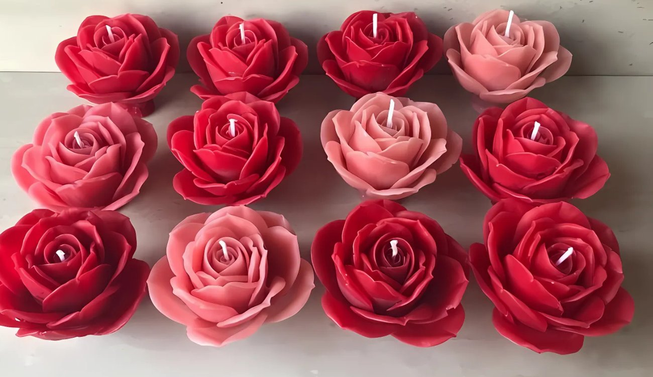 Handmade rose-shaped candles in various colors, offering elegance and floral fragrance for home decor and special occasions.